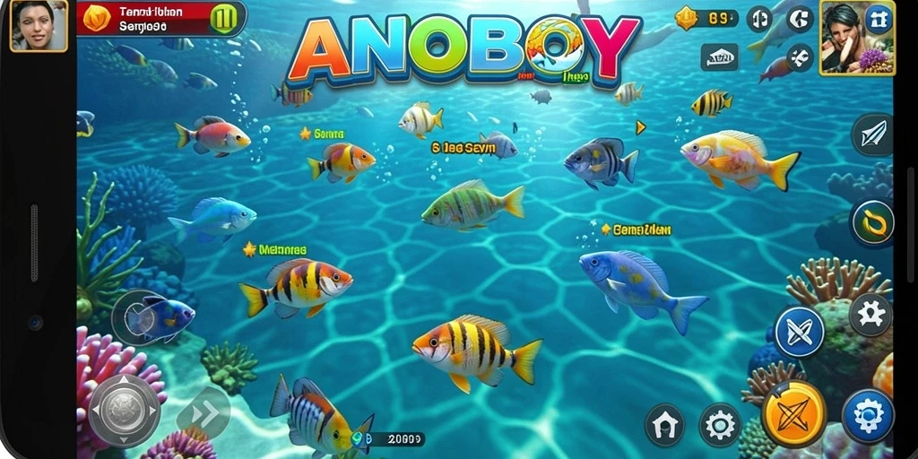Tangkapan layar ANOBOY menunjukkan aksi menembak ikan yang seru.
