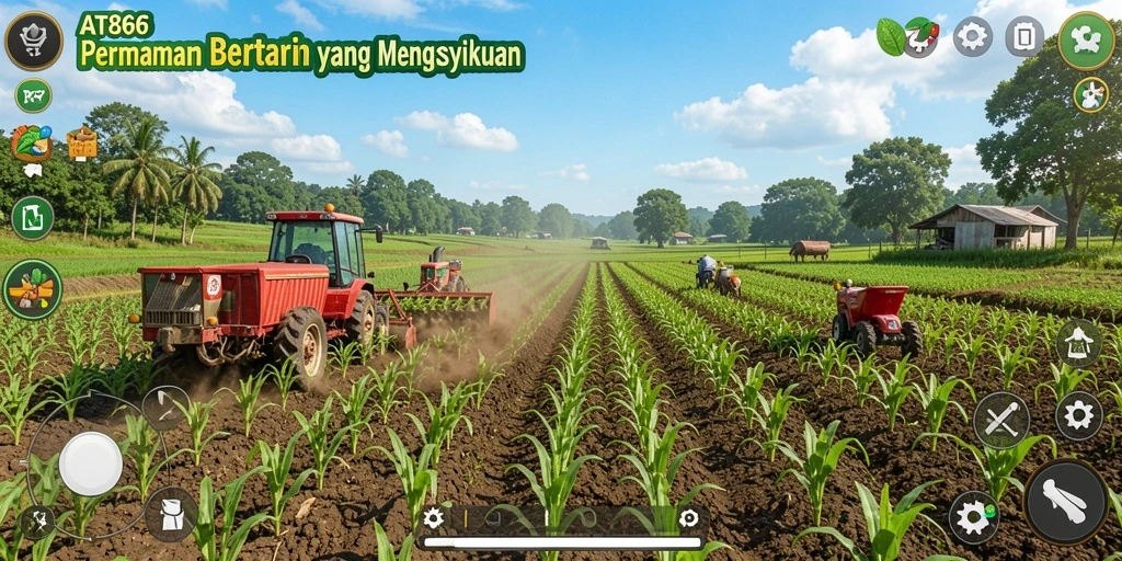 Gameplay <strong>AT866</strong> yang menampilkan pertanian yang indah dan aktivitas seru.