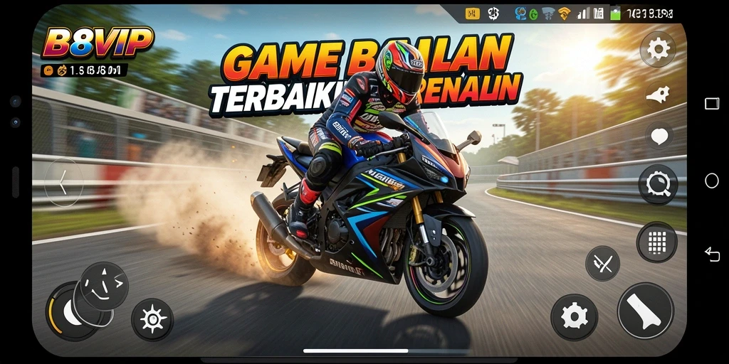 Screenshot B8VIP menampilkan aksi balap motor yang mendebarkan.