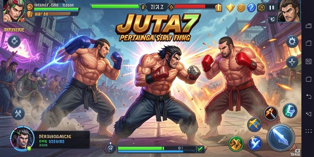 Screenshot utama JUTA7 menampilkan aksi pertarungan intens dan karakter yang dinamis.