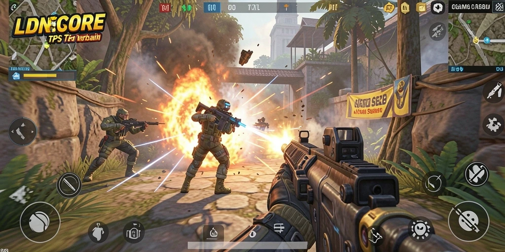 Screenshot gameplay LDNSCORE menampilkan aksi seru di pertempuran TPS.