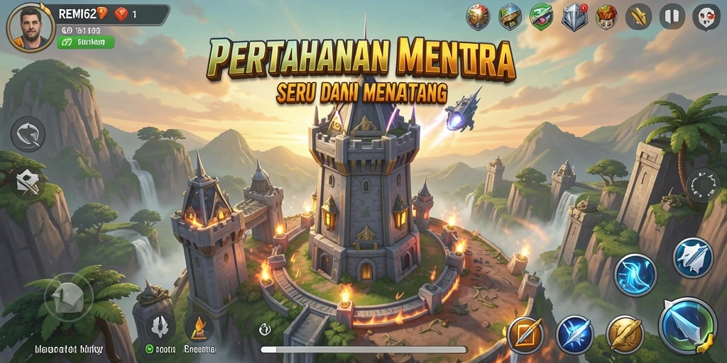 Tampilan gameplay REMI62 dengan menara mempertahankan wilayah dari serangan musuh.